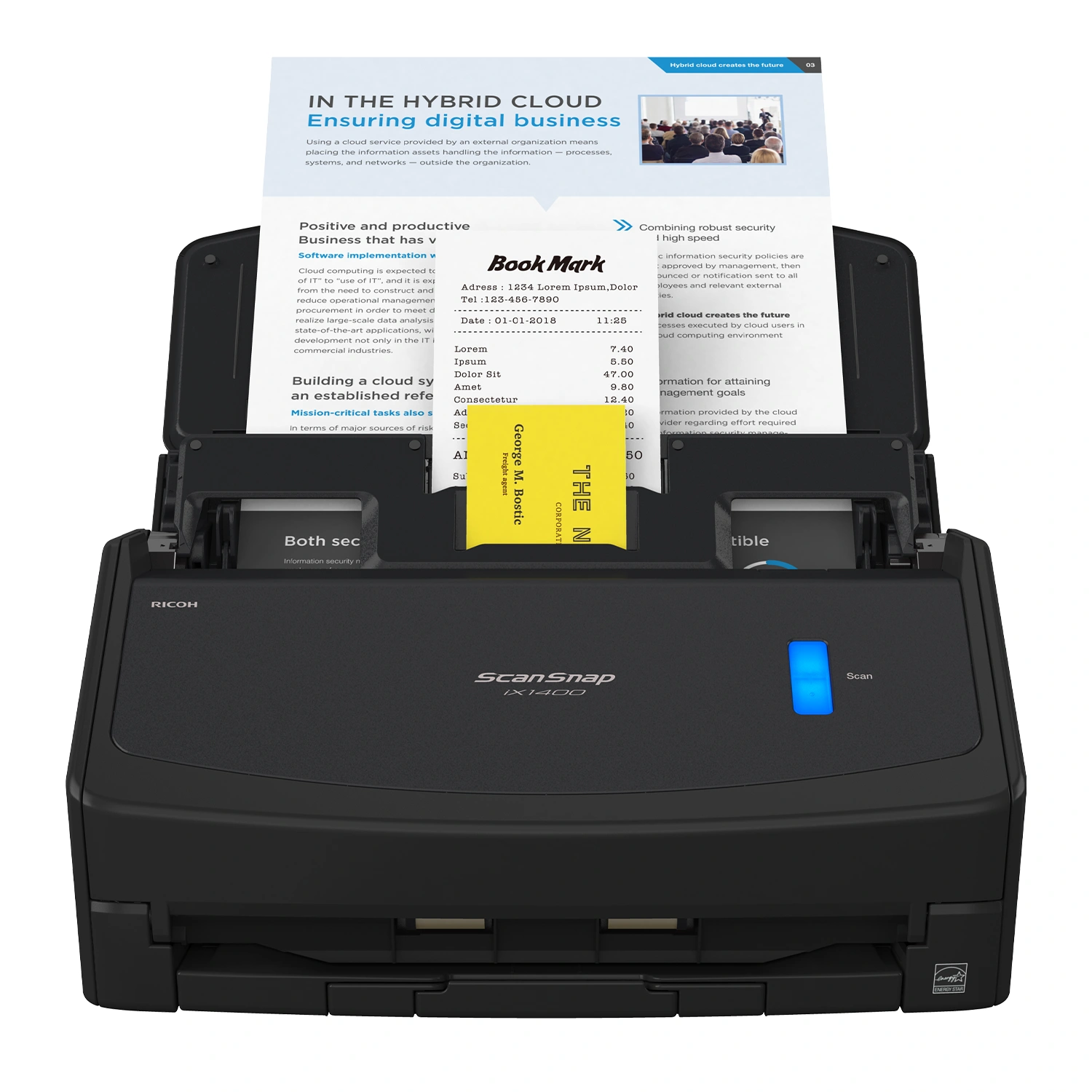 A ScanSnap iX1400 scanner in black shown with documents feeding from the top