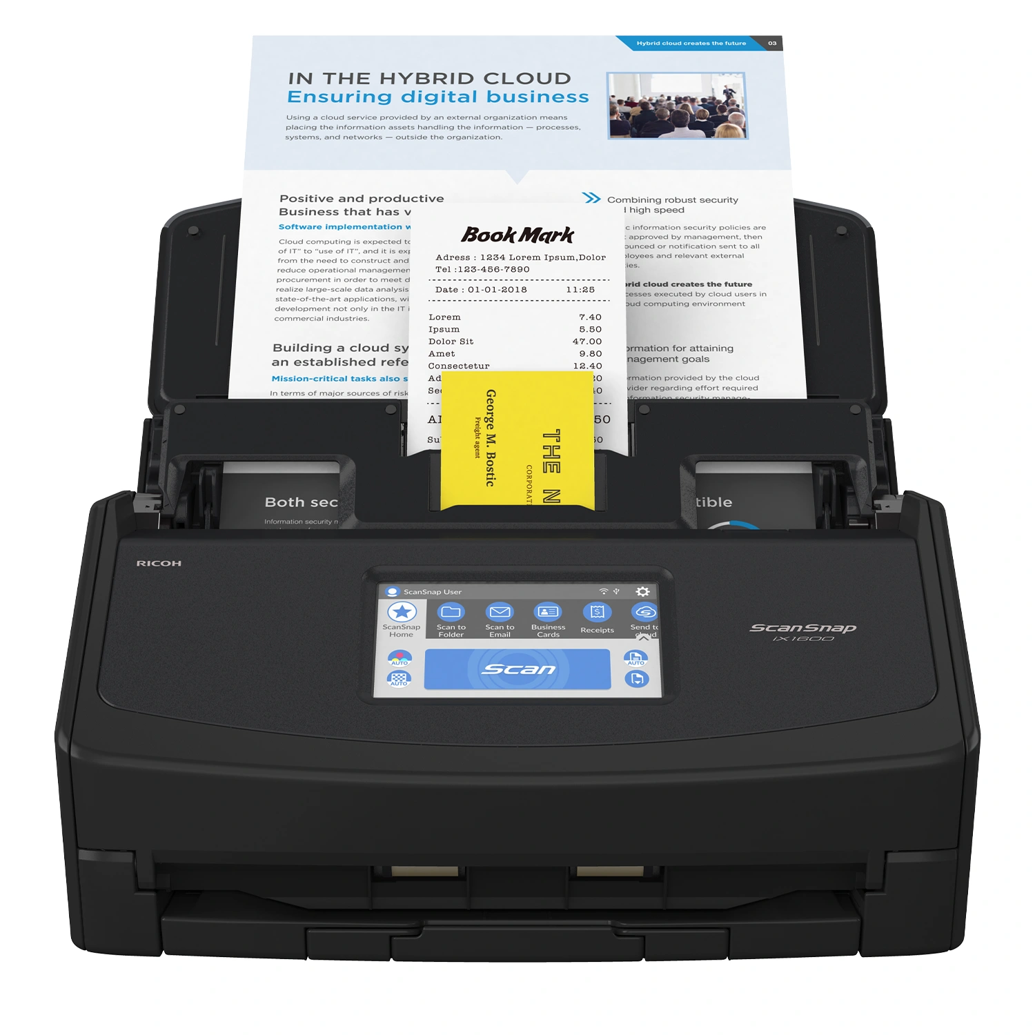 A ScanSnap iX1600 scanner in black shown with documents feeding from the top